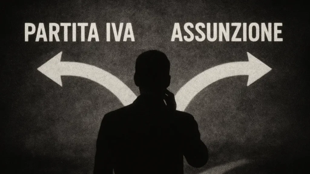 Due figure stilizzate su un bivio una con un simbolo di contratto e altra con un simbolo di autonomia