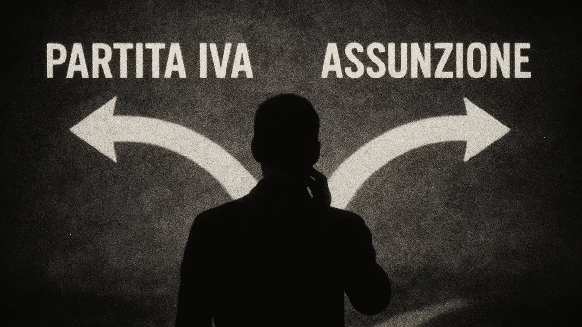 Due figure stilizzate su un bivio una con un simbolo di contratto e altra con un simbolo di autonomia
