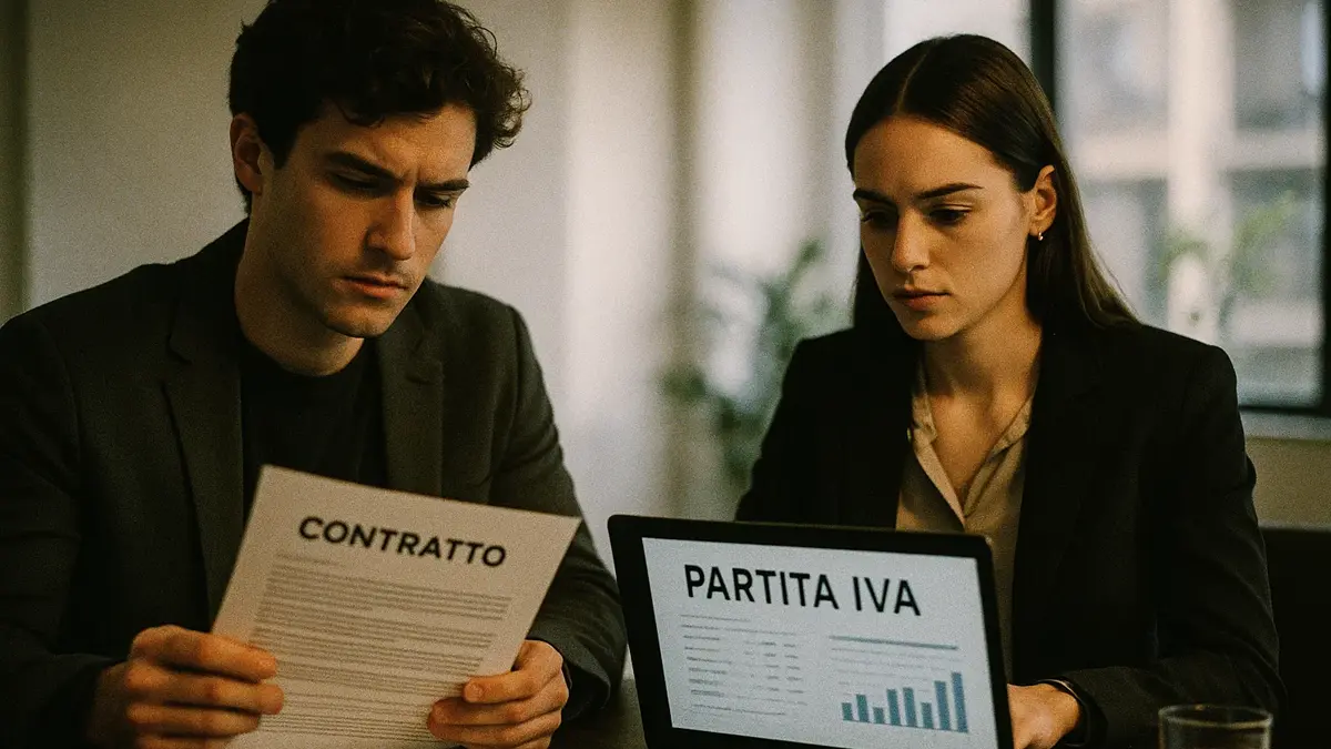 Due lavoratori seduti a un tavolo valutano pro e contro tra partita IVA e contratto