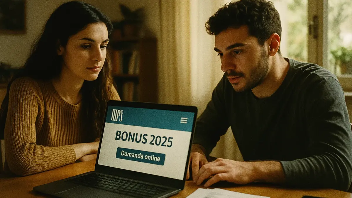 Famiglia consulta i bonus 2025 sul portale INPS tramite laptop