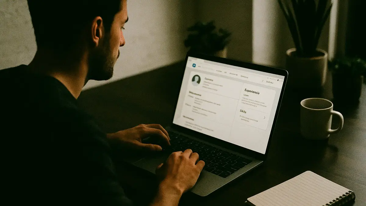 Giovane professionista aggiorna il proprio profilo LinkedIn su laptop