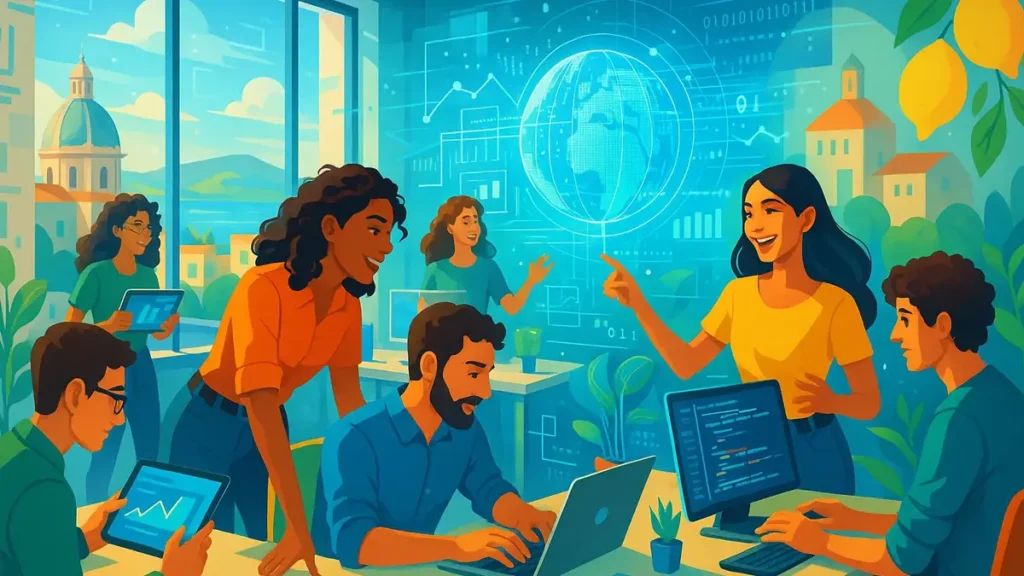 Giovani imprenditori che collaborano in un moderno spazio di coworking nel Sud Italia