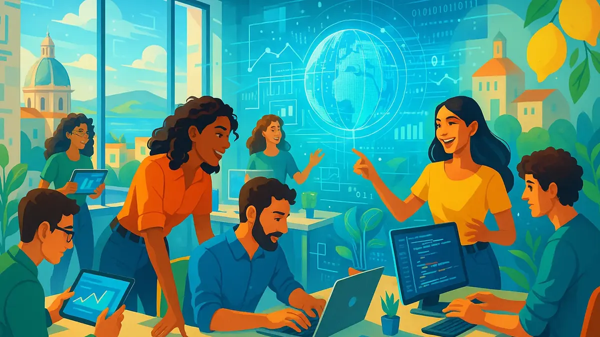 Giovani imprenditori che collaborano in un moderno spazio di coworking nel Sud Italia