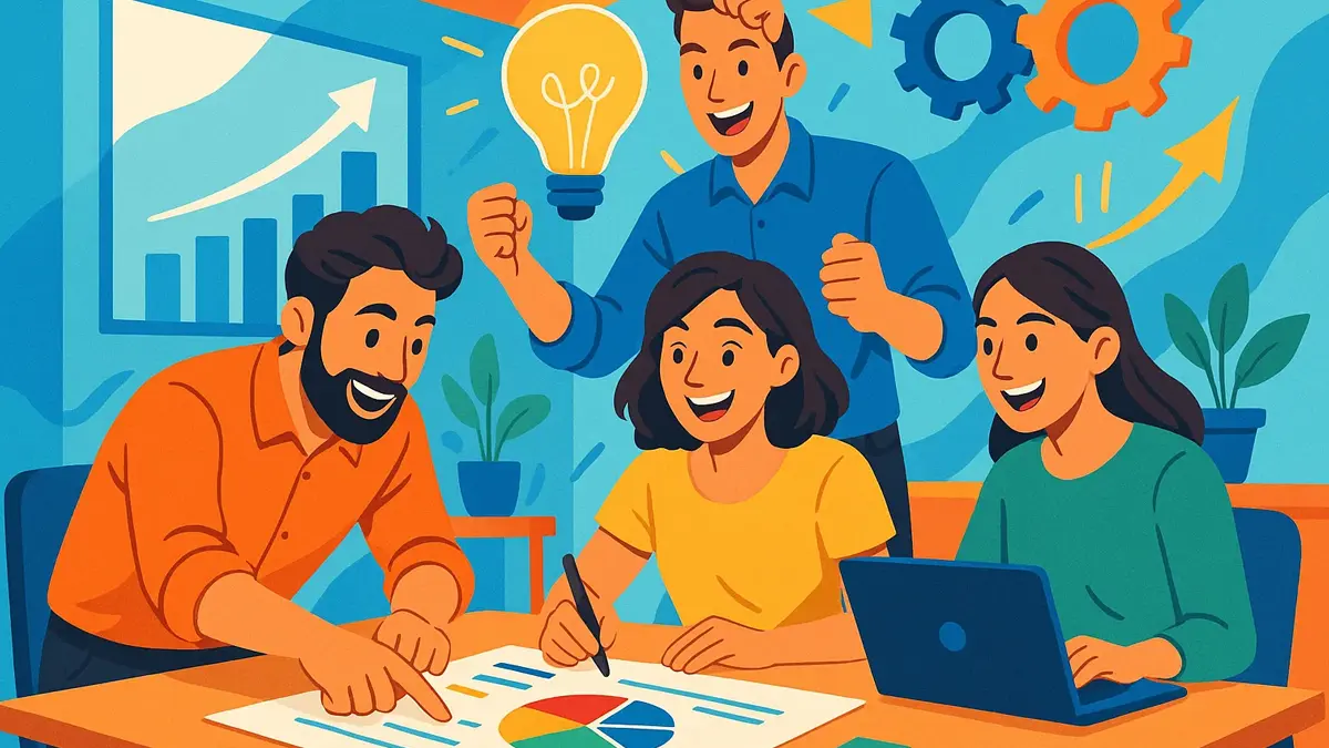 Giovani imprenditori sorridenti che collaborano a un progetto innovativo