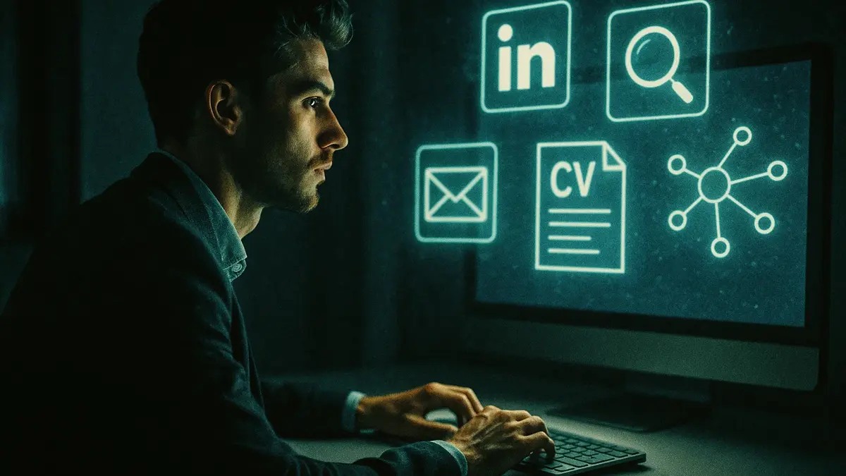 Persona seduta al computer con diversi schemi e icone di ricerca lavoro che fluttuano sopra lo schermo