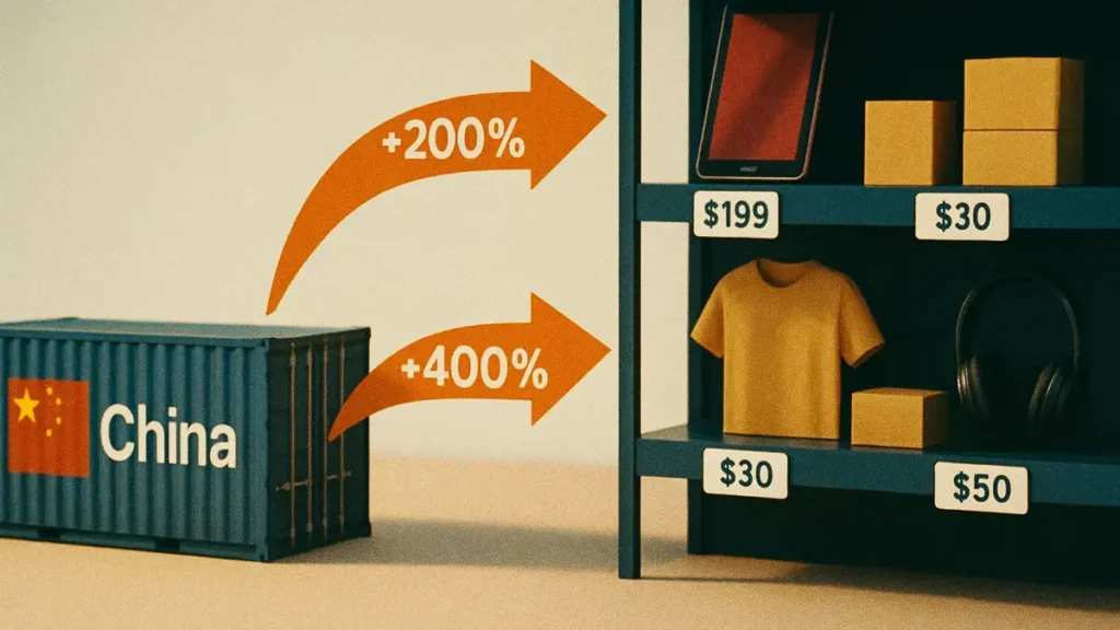 Un grafico visivo illustrativo con un container merci proveniente dalla Cina