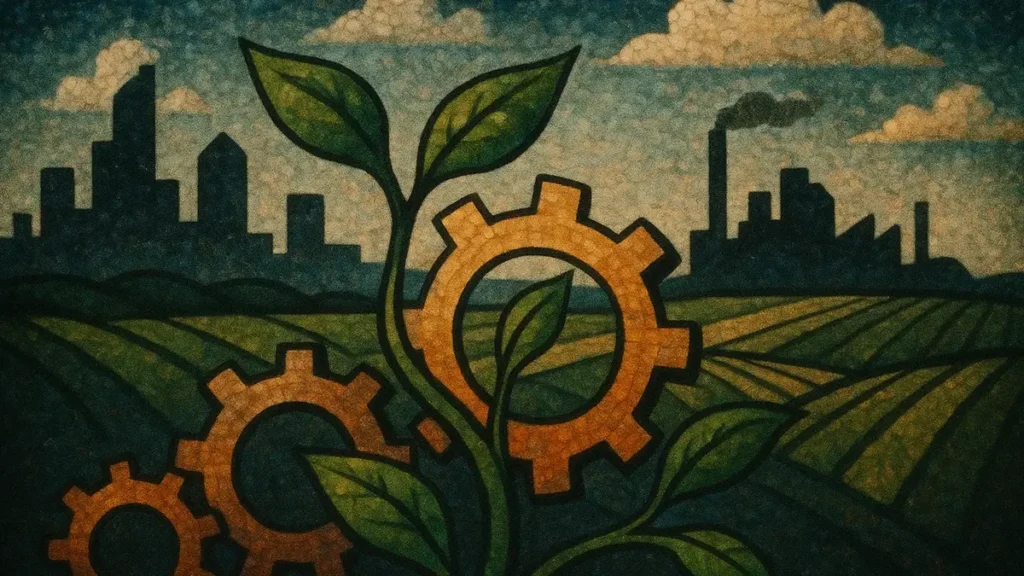 Un mosaico vibrante che unisce elementi industriali e naturali