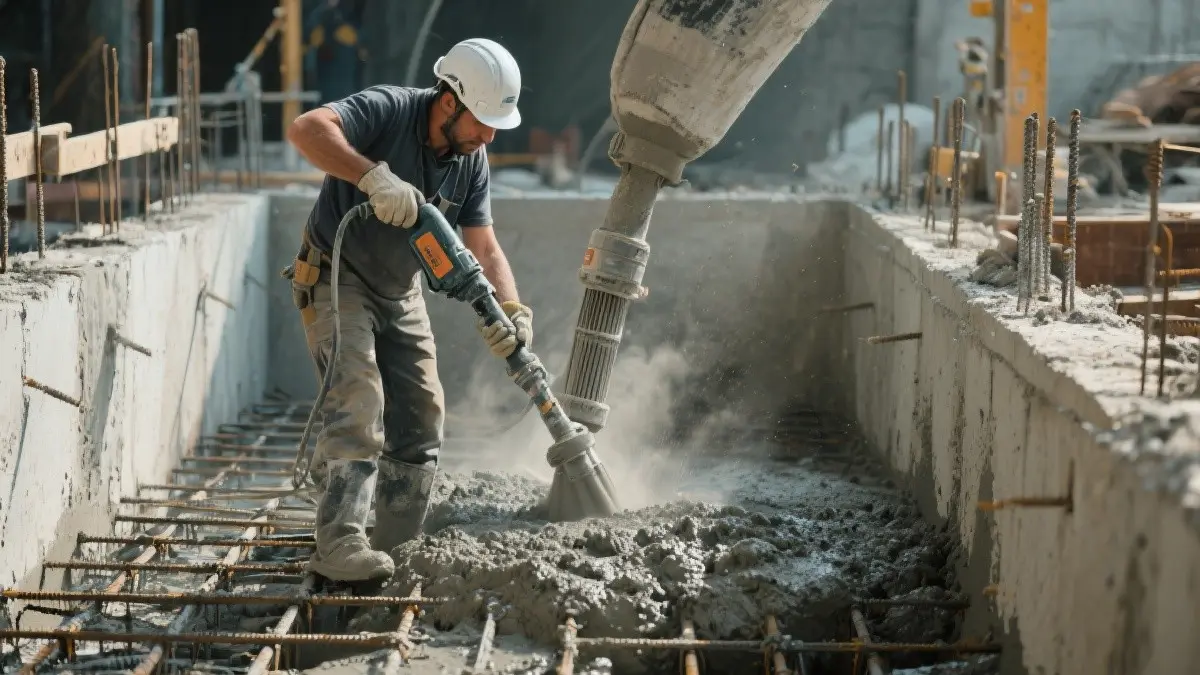 Un operaio che esegue una gettata di cemento armato in un cantiere