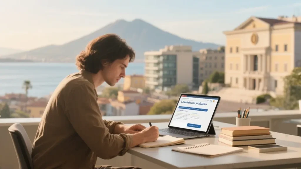 Una persona studia con libri e tablet per i concorsi pubblici in Campania