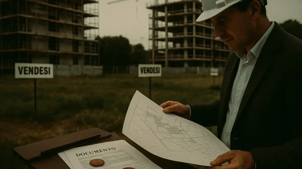 Una rappresentazione grafica di un terreno privato circondato da edifici in costruzione
