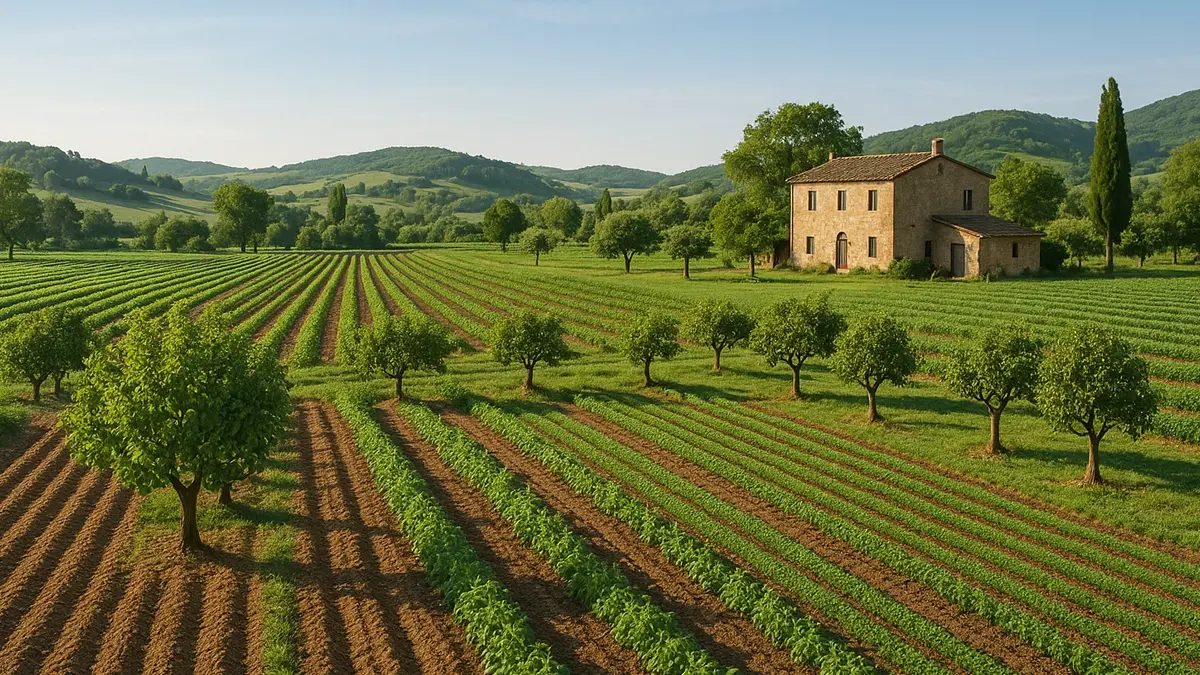 Veduta panoramica di un terreno agricolo coltivato