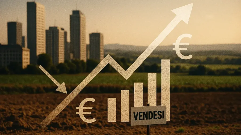 immagine che combina elementi di paesaggio urbano e rurale con grafici e simboli finanziari