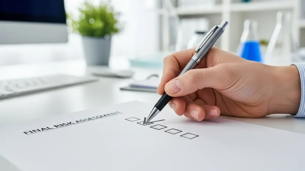Checklist di valutazione del rischio finale spuntata da un responsabile della sicurezza in un ambiente di lavoro ordinato