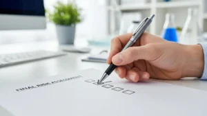 Checklist di valutazione del rischio finale spuntata da un responsabile della sicurezza in un ambiente di lavoro ordinato