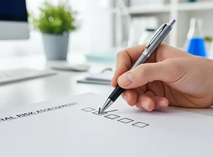 Checklist di valutazione del rischio finale spuntata da un responsabile della sicurezza in un ambiente di lavoro ordinato