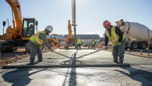 Gettata di cemento in fase di asciugatura con operai al lavoro