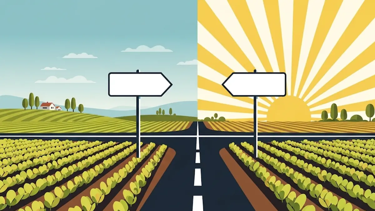 Un bivio in un campo agricolo con due frecce che indicano direzioni opposte