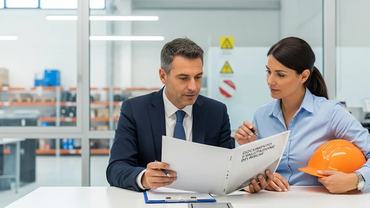 Un datore di lavoro e un consulente della sicurezza che revisionano insieme il Documento di Valutazione dei Rischi