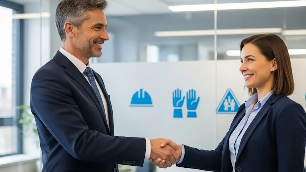 Un datore di lavoro stringe la mano a un nuovo assunto in un ufficio moderno e sicuro