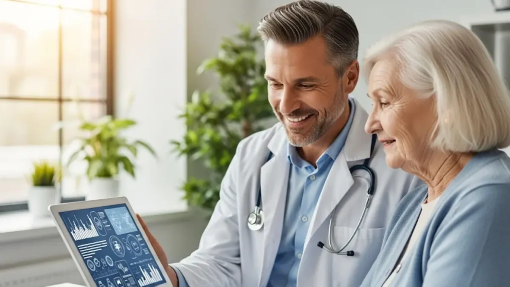 Un medico e un paziente guardano insieme un tablet che mostra dati e grafici sanitari