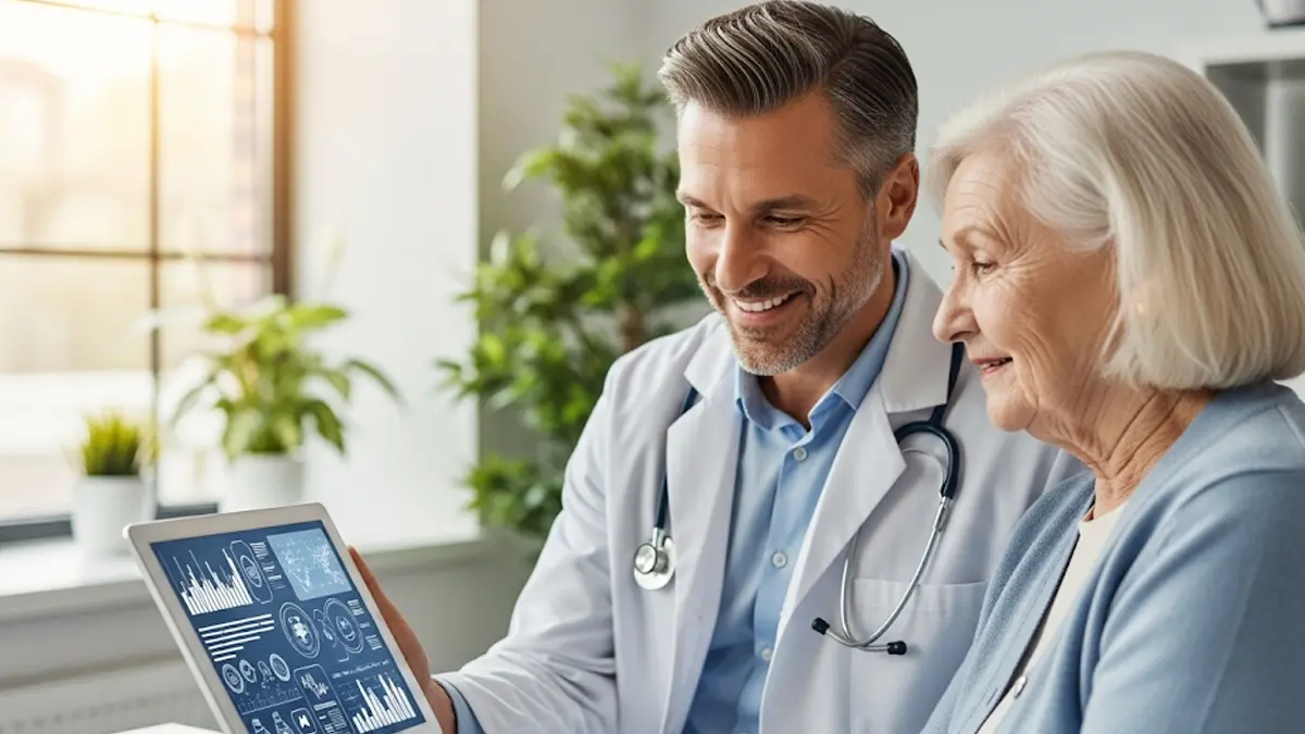 Un medico e un paziente guardano insieme un tablet che mostra dati e grafici sanitari