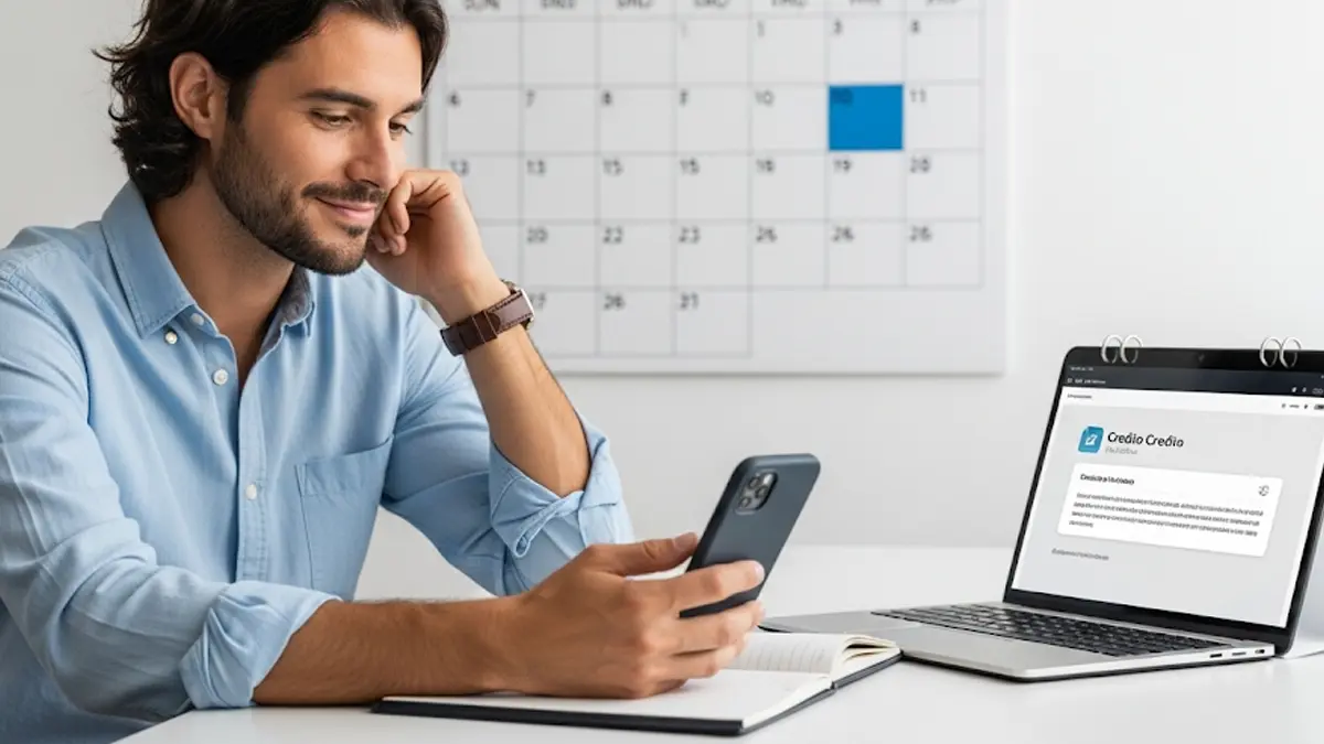 Uomo sorridente controlla il calendario sul suo smartphone con in mano una busta paga