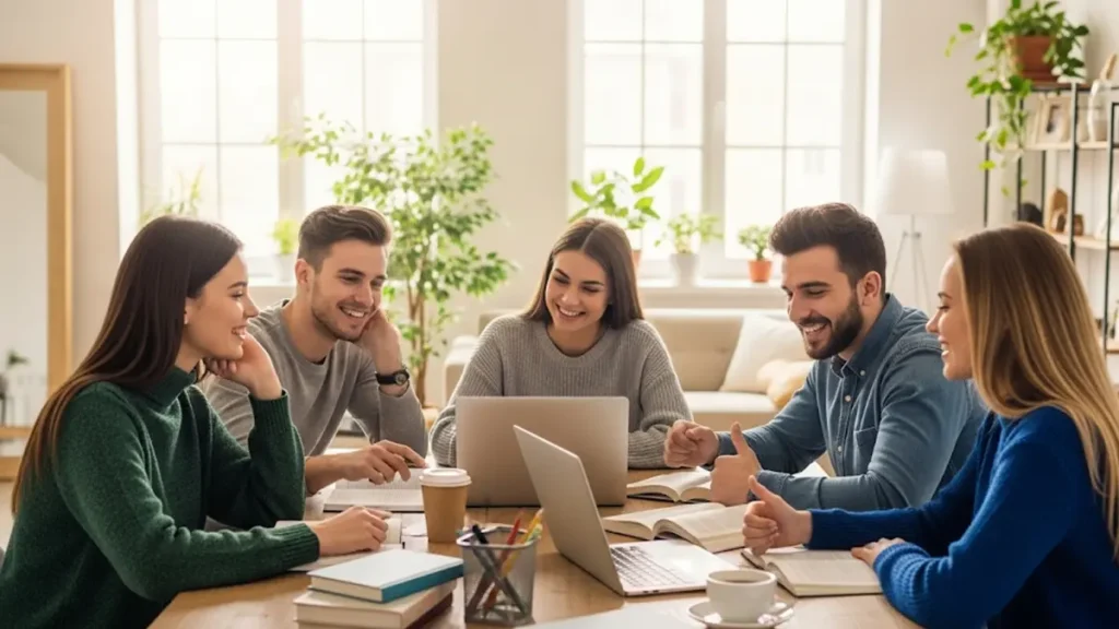 più studenti sorridenti e collaborativi in un moderno e luminoso appartamento universitario