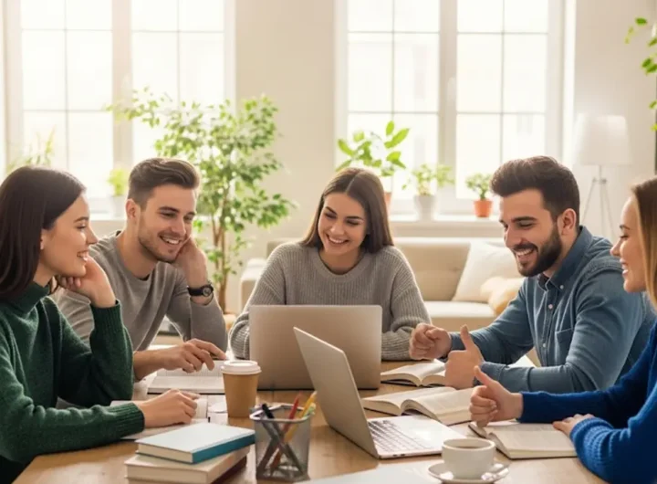 più studenti sorridenti e collaborativi in un moderno e luminoso appartamento universitario