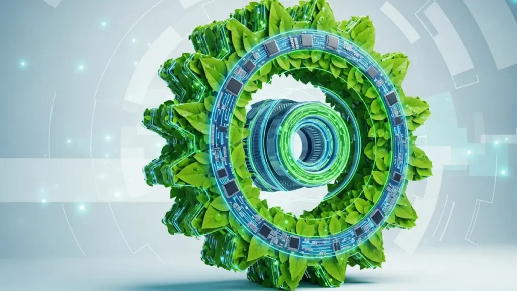 un ingranaggio meccanico composto da foglie verdi brillanti e circuiti elettronici luminosi