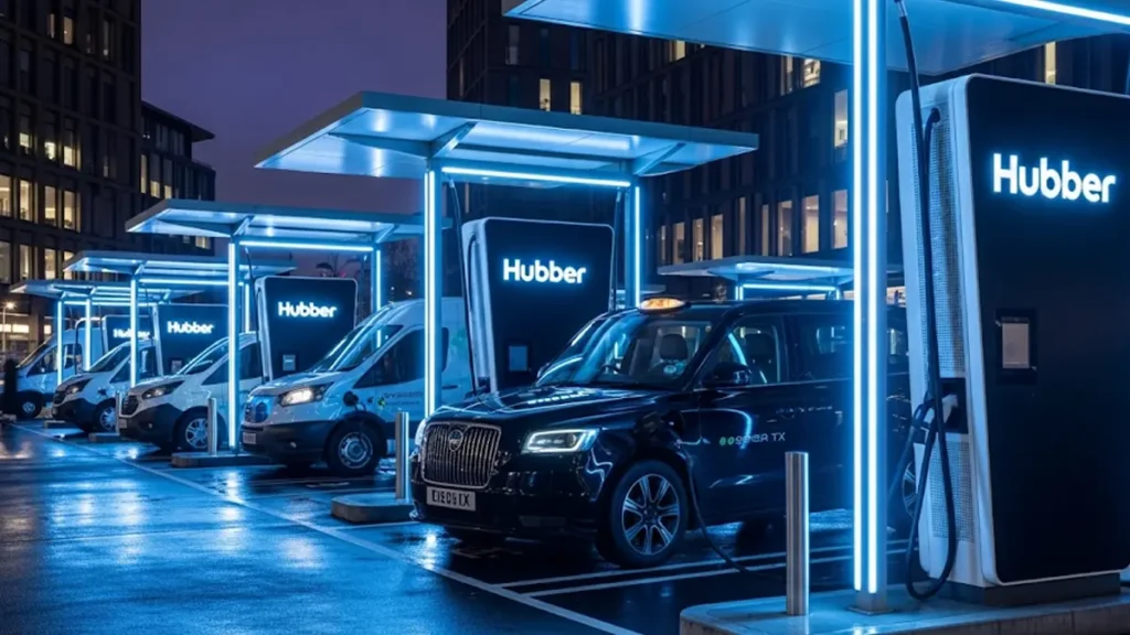 un moderno hub di ricarica per veicoli elettrici in un area urbana
