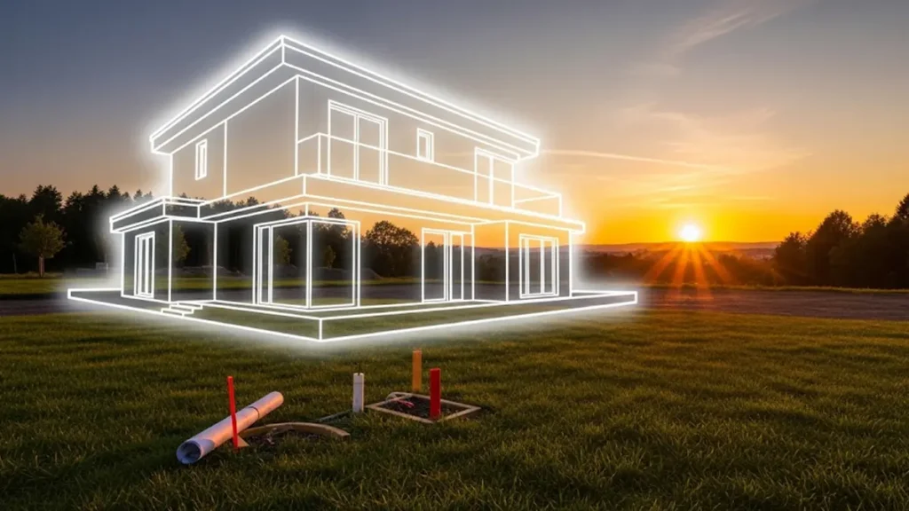 un terreno edificabile ben curato con in sovrimpressione un progetto grafico di una casa moderna