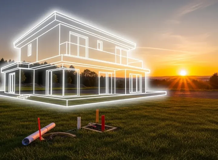 un terreno edificabile ben curato con in sovrimpressione un progetto grafico di una casa moderna