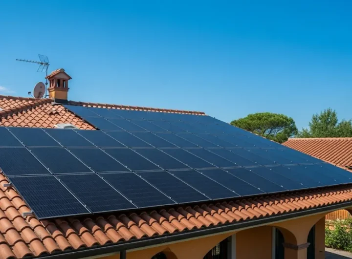 un tetto di una tipica villetta italiana con pannelli fotovoltaici di ultima generazione integrati