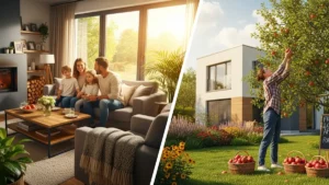 una famiglia felice a interno di una casa moderna e accogliente