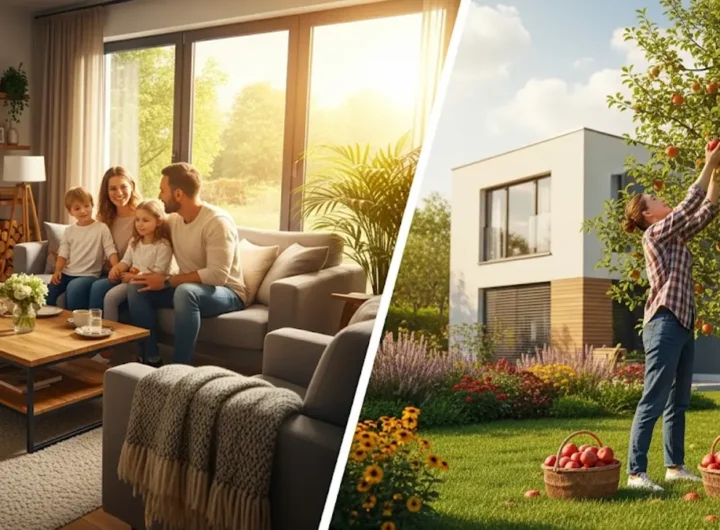 una famiglia felice a interno di una casa moderna e accogliente