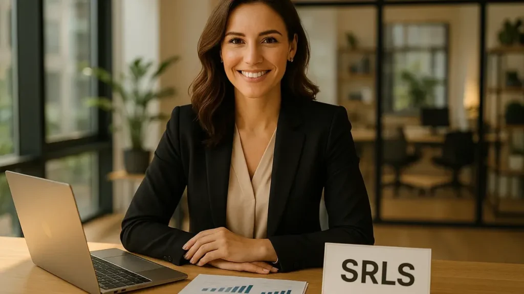 Donna imprenditrice felice in ufficio SRLS con computer e un foglio di contratto di costituzione