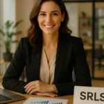 Donna imprenditrice felice in ufficio SRLS con computer e un foglio di contratto di costituzione