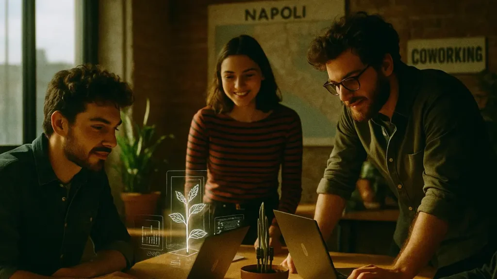Giovani imprenditori campani che lavorano in un laboratorio digitale