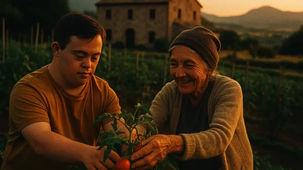 Gruppo di persone diverse che lavorano sorridendo in un orto rigoglioso in Campania