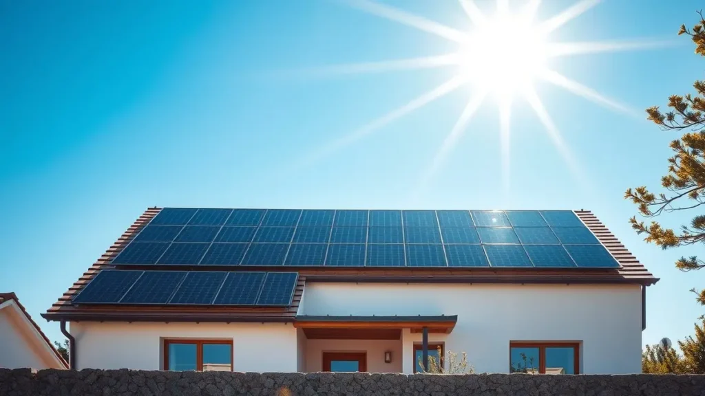 Impianto fotovoltaico con pannelli solari installati sul tetto di una villetta moderna