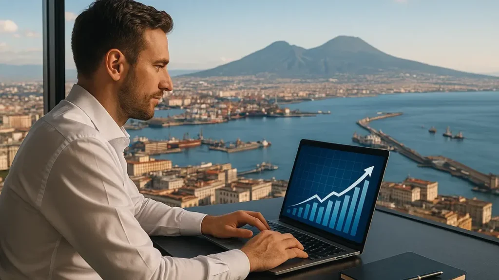 Imprenditore osserva un grafico di crescita su laptop