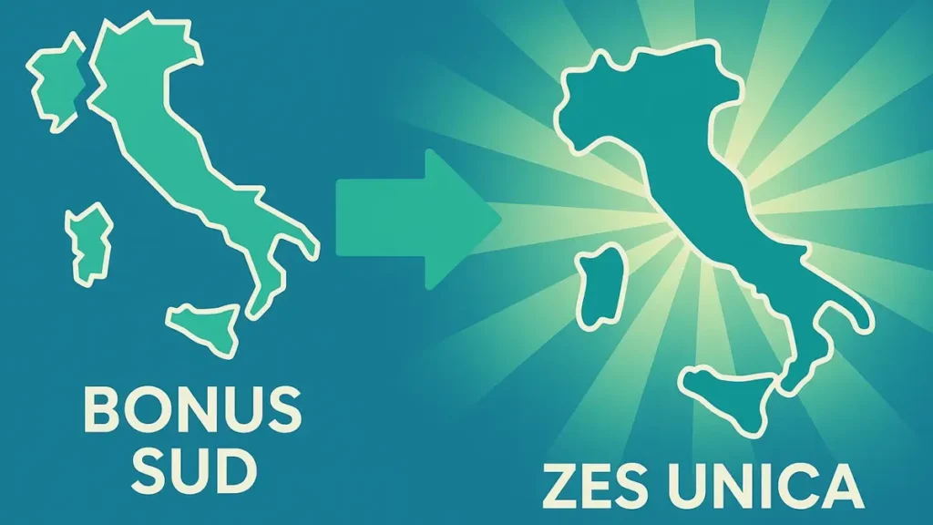 Infografica che illustra la differenza e il passaggio dal Bonus Sud alla ZES Unica per gli investimenti nel Mezzogiorno