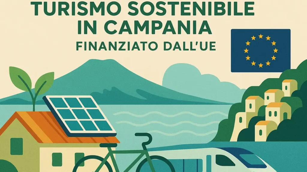 Mappa stilizzata della Campania con icone di energia rinnovabile