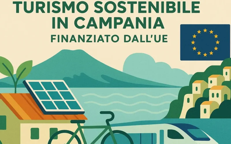 Mappa stilizzata della Campania con icone di energia rinnovabile