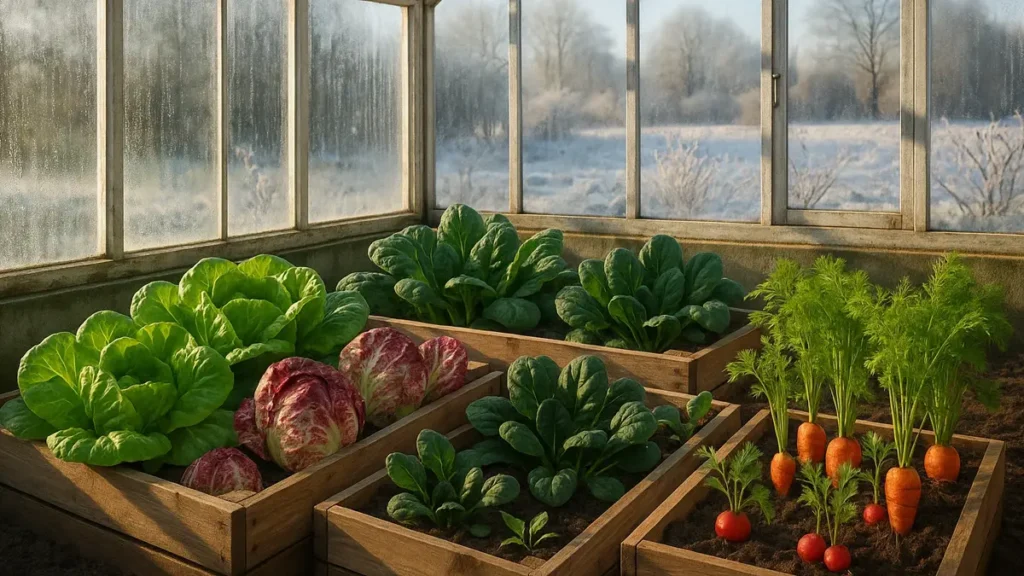 Ortaggi invernali che crescono rigogliosi in una serra fredda ben organizzata