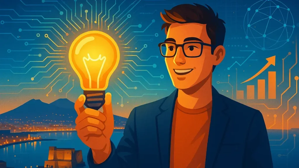 Skyline di Napoli con elementi grafici digitali e icone tecnologiche che simboleggiano innovazione e la crescita delle startup