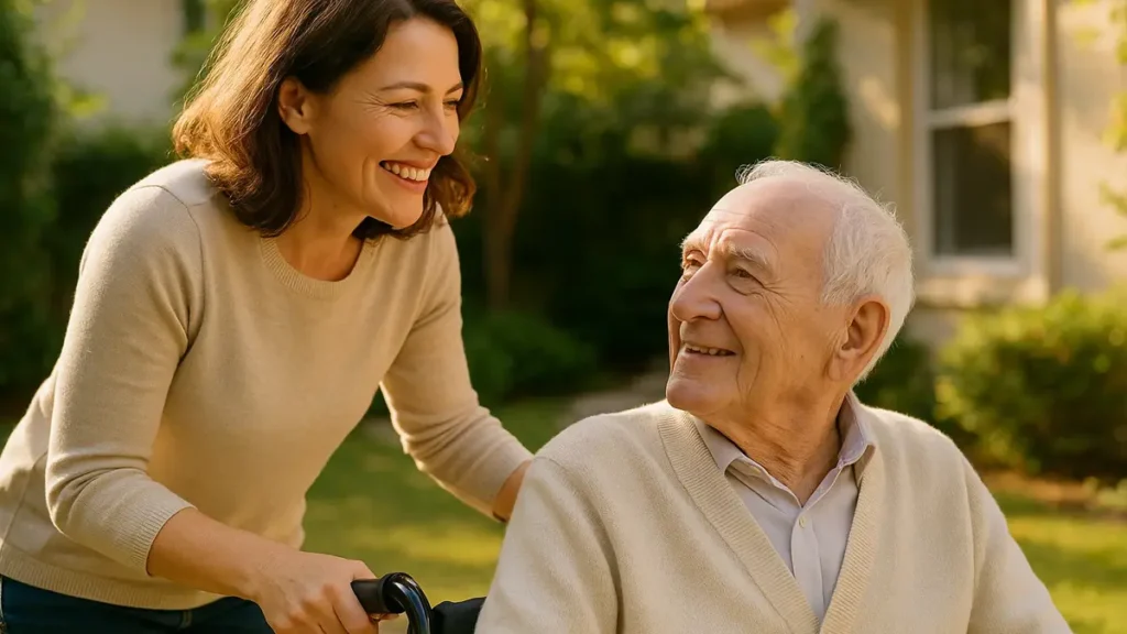 Un operatore sanitario assiste con cura una persona anziana su una sedia a rotelle