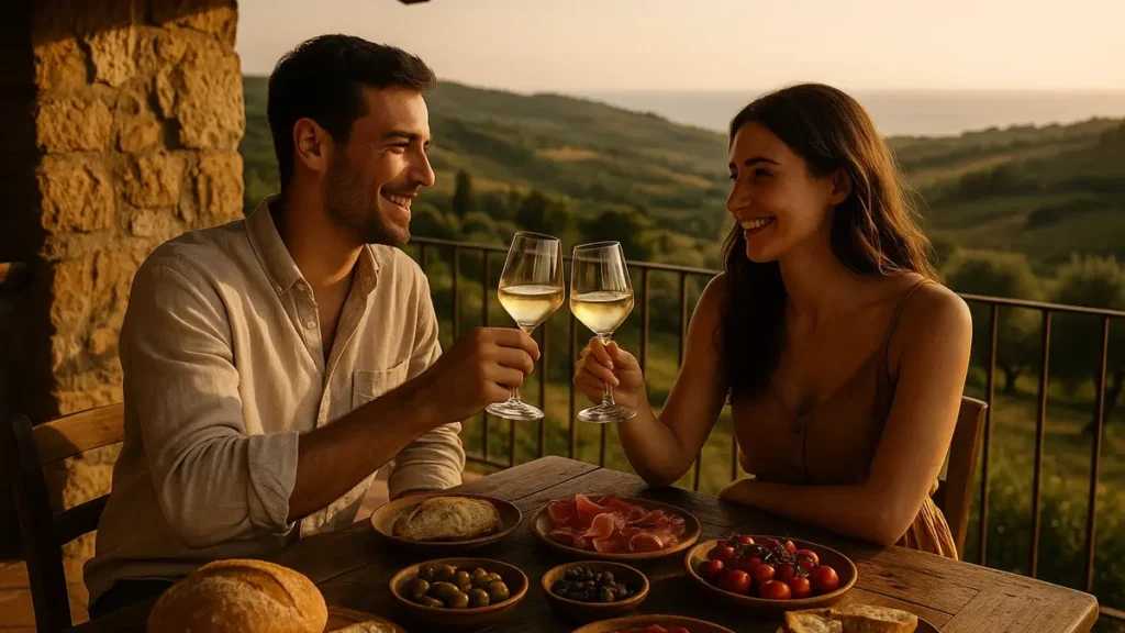 Una coppia si gode un aperitivo al tramonto con vista sulle colline di un agriturismo nel Cilento