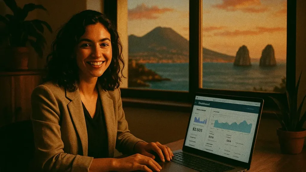 Una giovane imprenditrice campana lavora al suo laptop per gestire il suo nuovo e-commerce