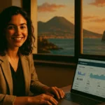 Una giovane imprenditrice campana lavora al suo laptop per gestire il suo nuovo e-commerce